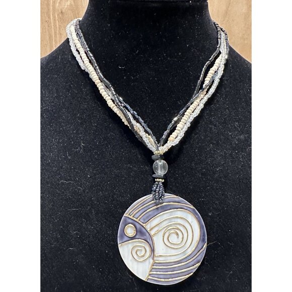 Seed Bead Necklace Mother Of Pearl Fish Medallion Beach Boho Statement - Picture 1 of 9